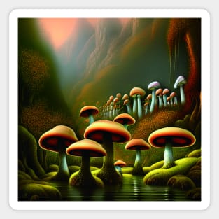 Beautiful Landscape Painting with mountains and big mushrooms, Mushrooms Magnet